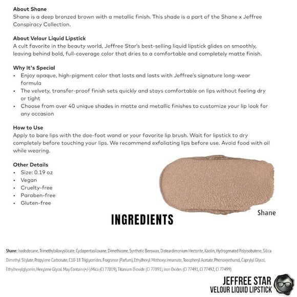 JEFFREE STAR VELOUR LIQUID LIPSTICK IN SHANE METALLIC DEEP BRONZE BROWN DAWSON - Picture 7 of 9